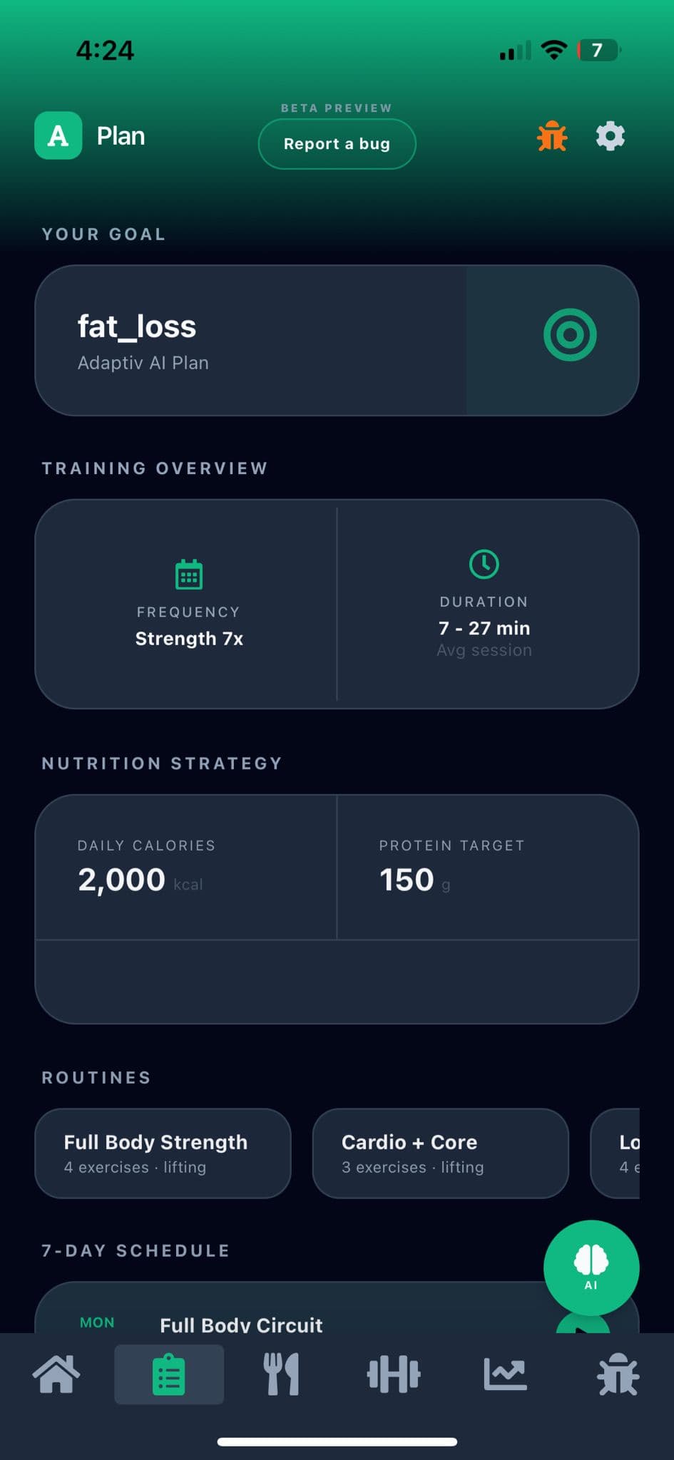 Adptiv app Your week's plan screen showing AI-generated training and nutrition layout, personalized from your intake and goals.