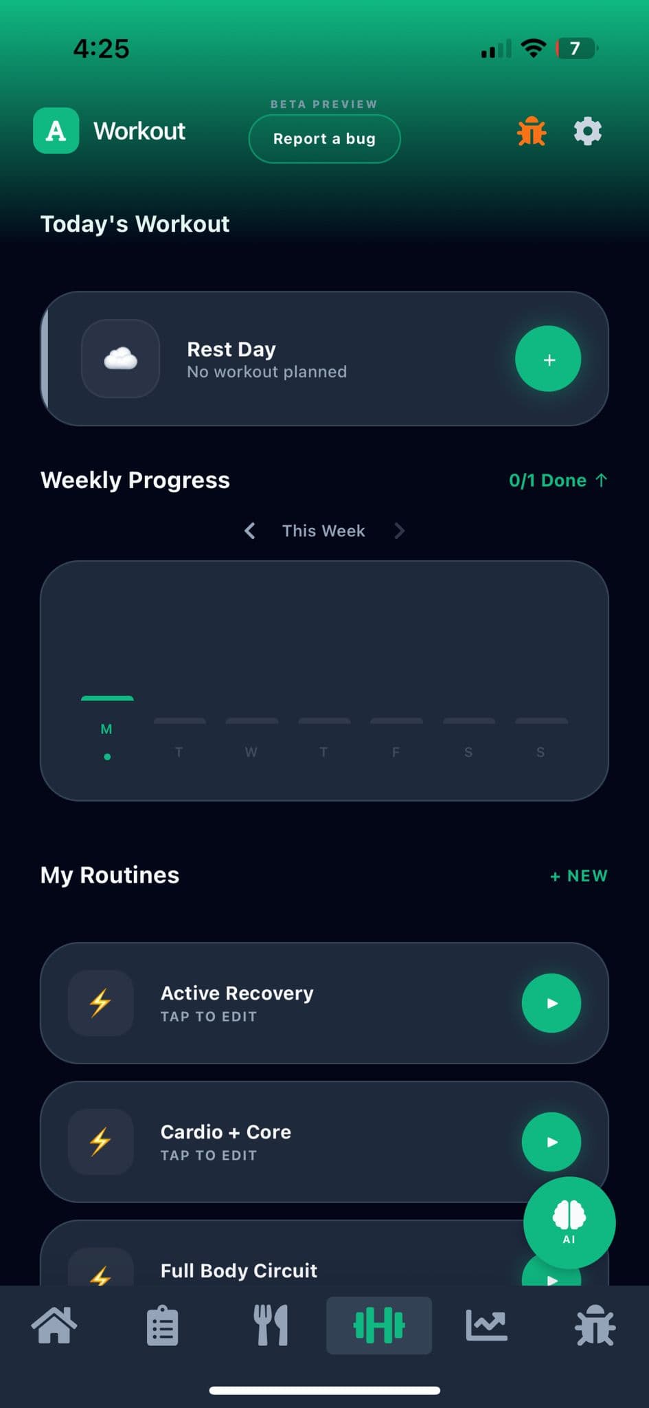 Adptiv app Workout Tracking screen showing AI-adapted weekly progress, routines, and scheduling that shifts with your life.